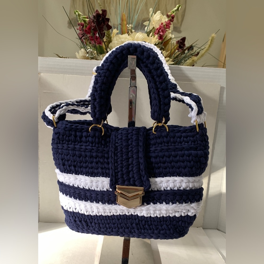Handmade Navy and White Handwoven Crochet Handbag Luxury